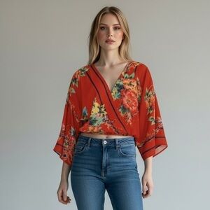 Woman’s  Orange Floral Kimono Cropped Top